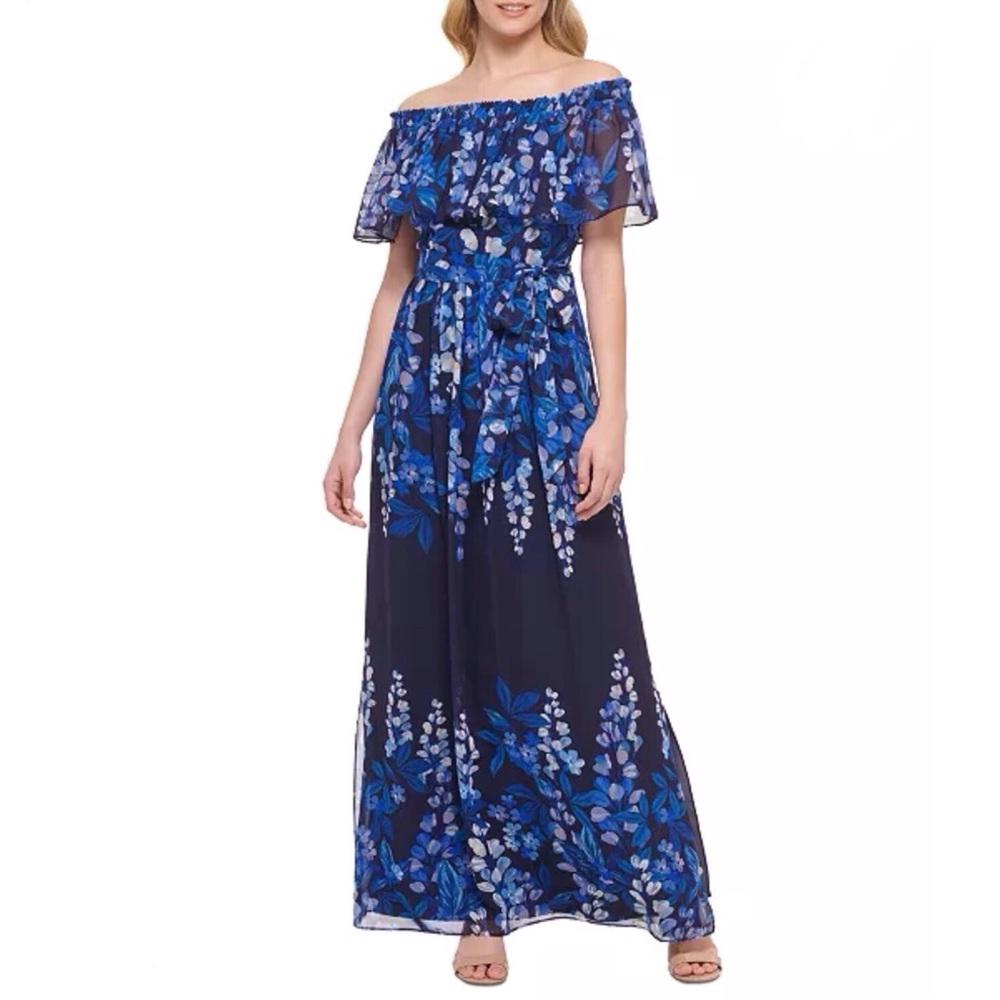 Eliza J Off The Shoulder Maxi Dress Blue Floral Print Chiffon Size 14